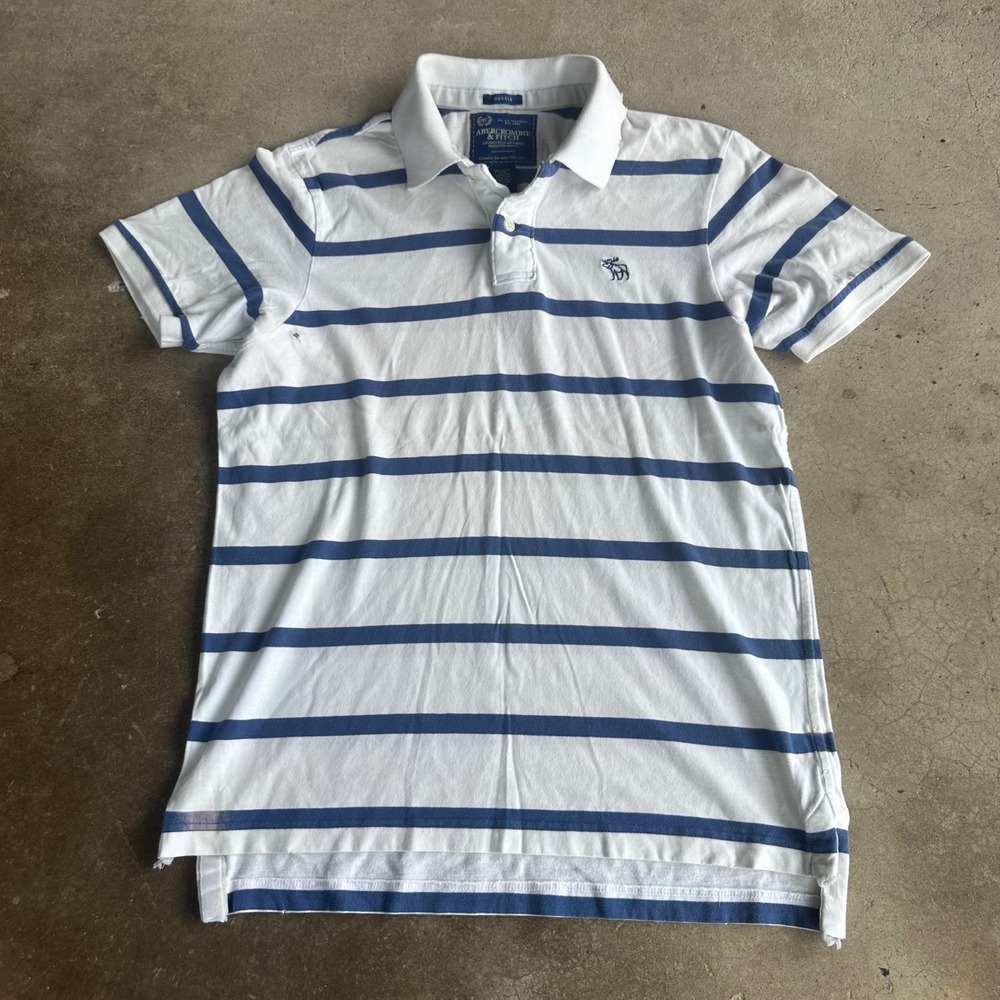 Abercrombie & Fitch Polo Shirt Mens M White Blue Fair Striped Muscle Fit
